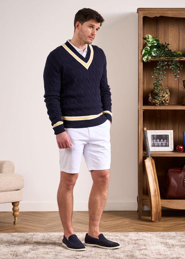 Alan Paine Sandridge Cable Knit Cricket Jumper In Dark Navy & Sun
