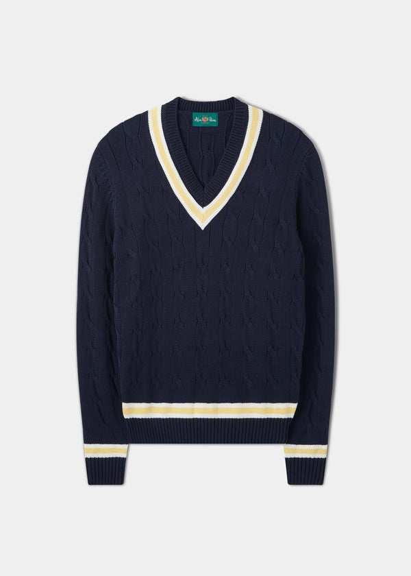 alan paine Sandridge Cable Knit Cricket Jumper In Dark Navy & Sun