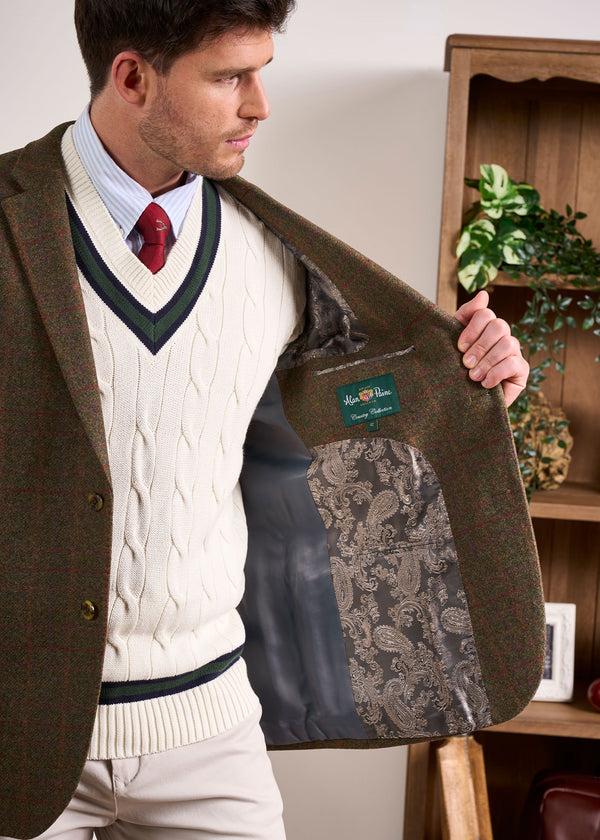 Alan Paine Sandridge Cable Knit Cricket Jumper In Ecru & AP Green