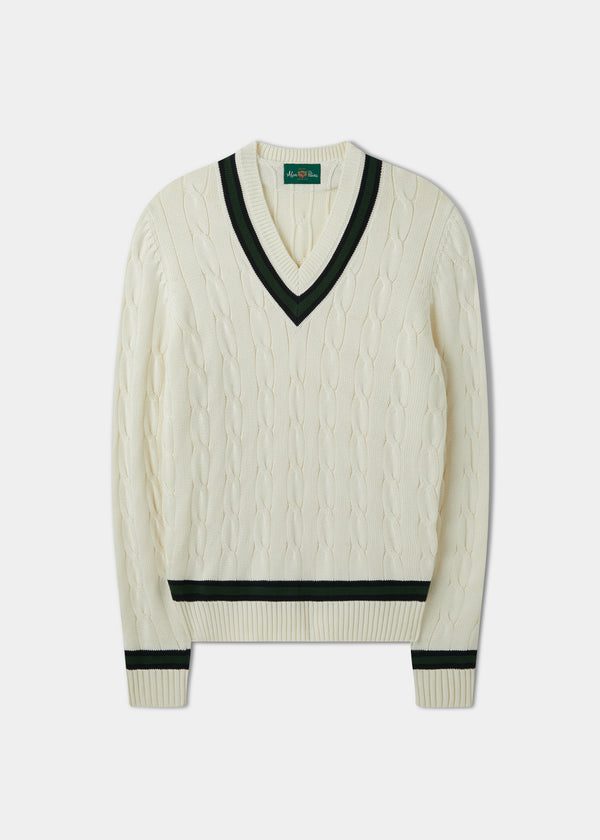 alan paine Sandridge Cable Knit Cricket Jumper In Ecru & AP Green
