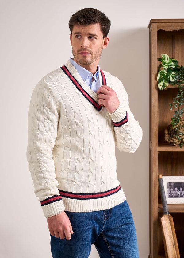 Alan Paine Sandridge Cable Knit Cricket Jumper In Ecru & Cherry