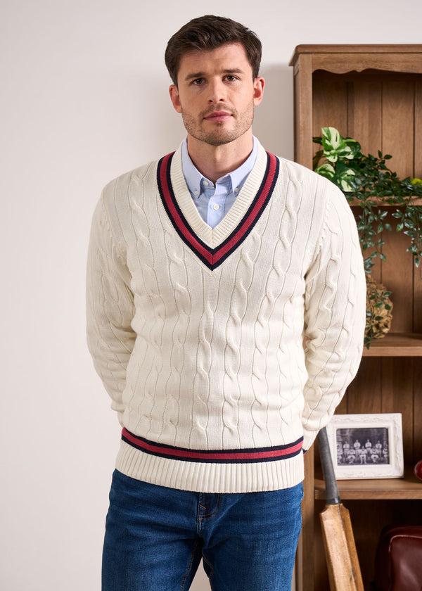 Alan Paine Sandridge Cable Knit Cricket Jumper In Ecru & Cherry