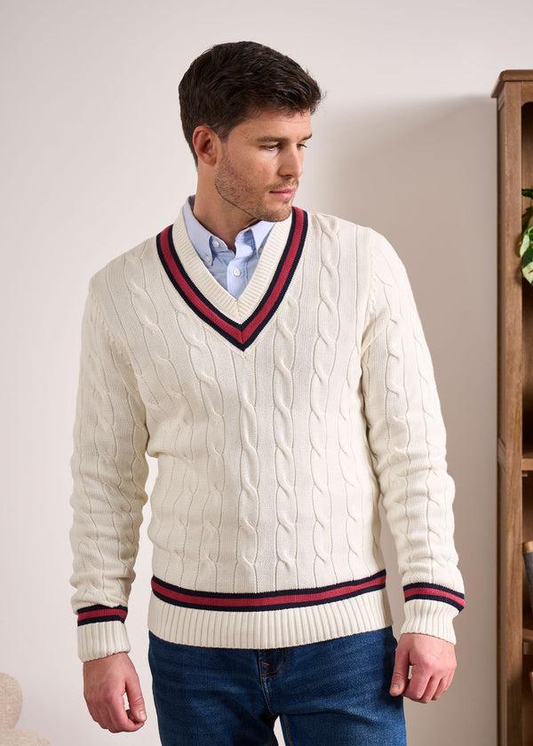 Alan Paine Sandridge Cable Knit Cricket Jumper In Ecru & Cherry