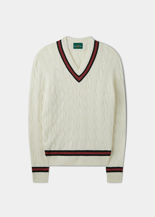 alan paine Sandridge Cable Knit Cricket Jumper In Ecru & Cherry