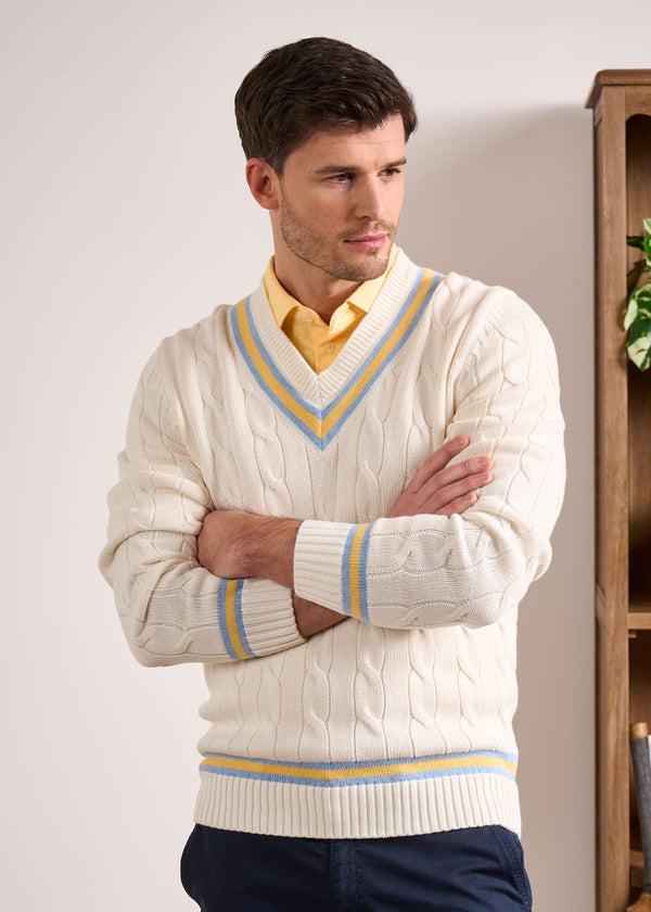 Alan Paine Sandridge Cable Knit Cricket Jumper In Ecru & Sun