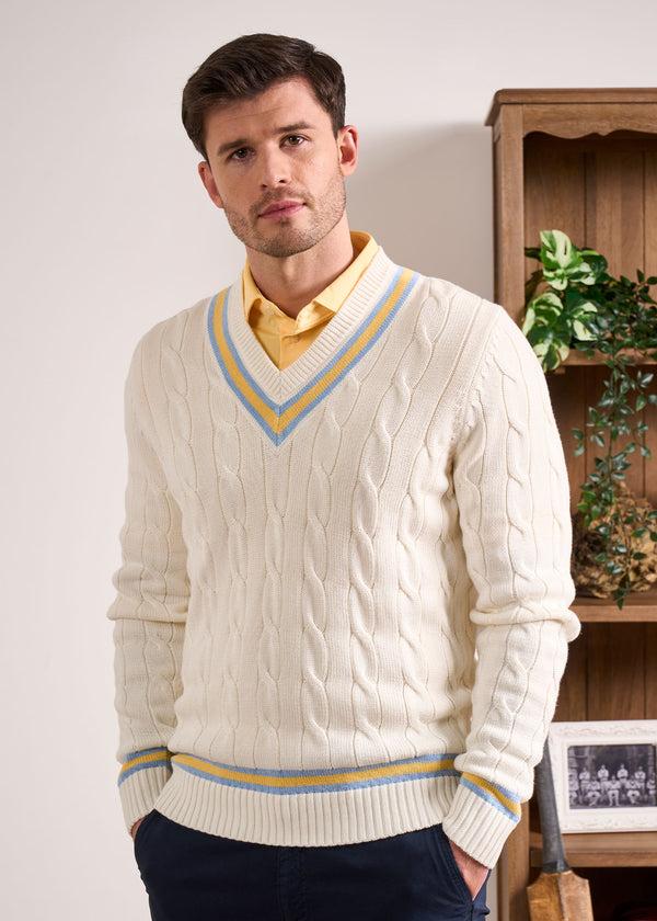Alan Paine Sandridge Cable Knit Cricket Jumper In Ecru & Sun