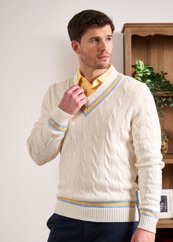 Alan Paine Sandridge Cable Knit Cricket Jumper In Ecru & Sun