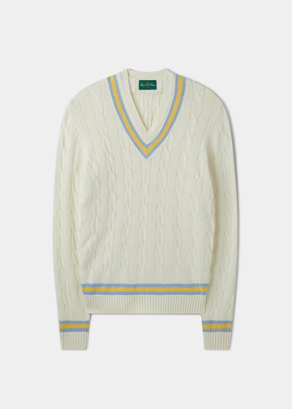 alan paine Sandridge Cable Knit Cricket Jumper In Ecru & Sun