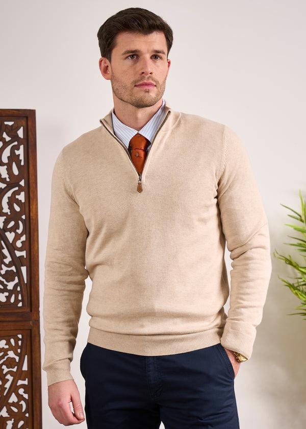 Alan Paine Selhurst Cotton Cashmere 1/4 Zip Jumper In Sand