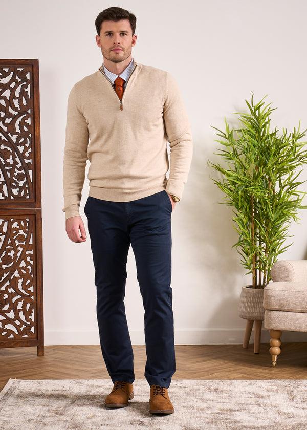 Alan Paine Selhurst Cotton Cashmere 1/4 Zip Jumper In Sand