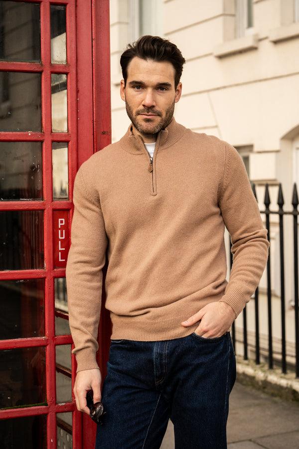 Alan Paine Sutherland Lambswool 1/4 Zip Jumper In Camel - Regular Fit