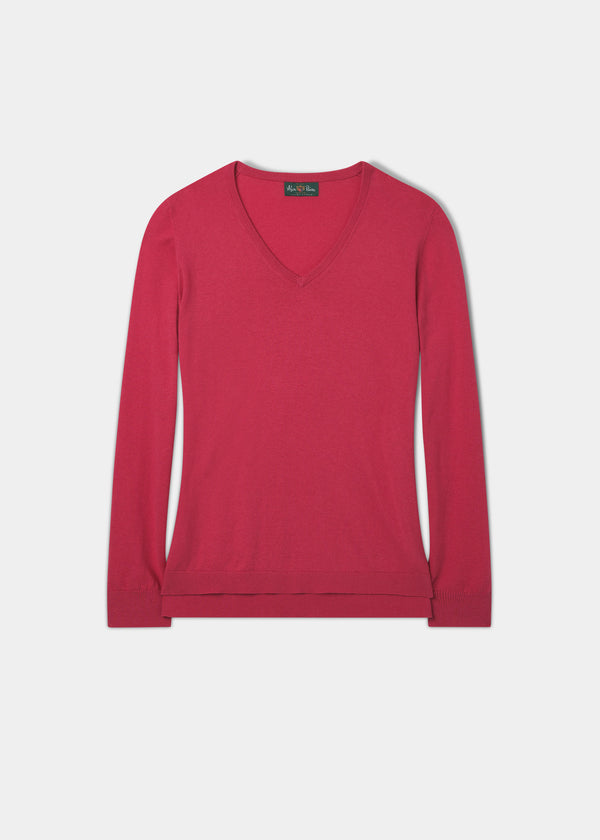 alan paine Thea Cotton Cashmere Vee Neck Jumper In Raspberry