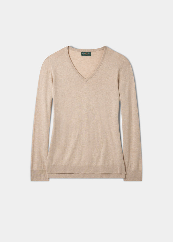 alan paine Thea Cotton Cashmere Vee Neck Jumper In Sand