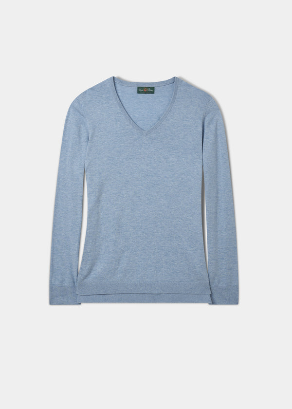 alan paine Thea Cotton Cashmere Vee Neck Jumper In Steel Blue
