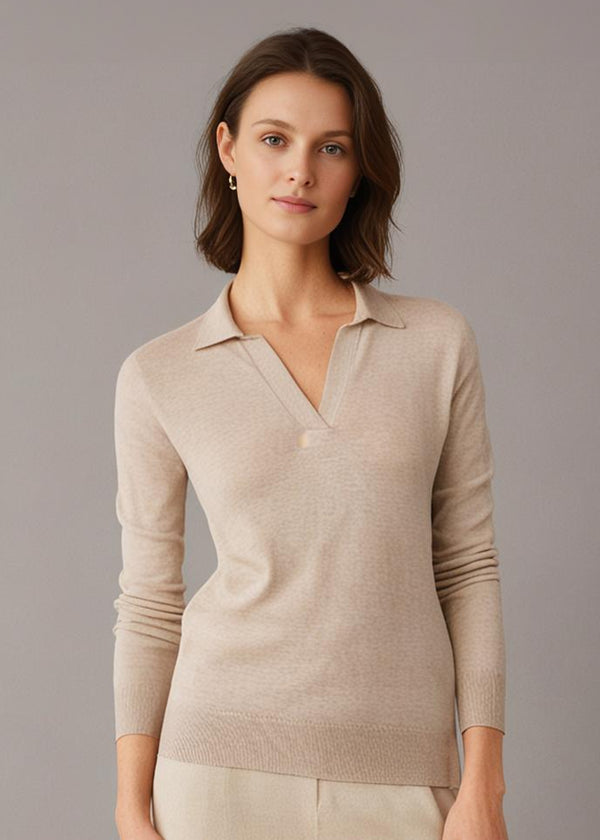 Alan Paine Uma Cotton Cashmere Open Placket Jumper In Sand