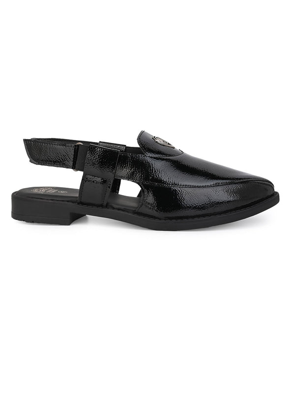 Alberto Torresi Alberto Torresi Black Patent Crinkle Peshawari Sandal With Padded Insole