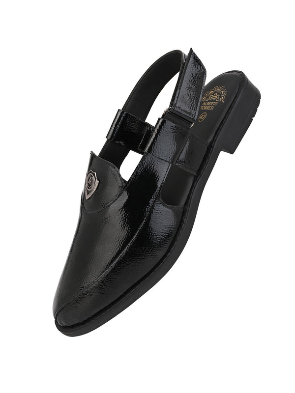 Alberto Torresi Alberto Torresi Black Patent Crinkle Peshawari Sandal With Padded Insole