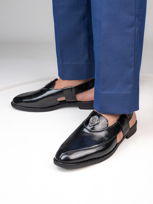 alberto torresi Alberto Torresi Black Patent Crinkle Peshawari Sandal With Padded Insole