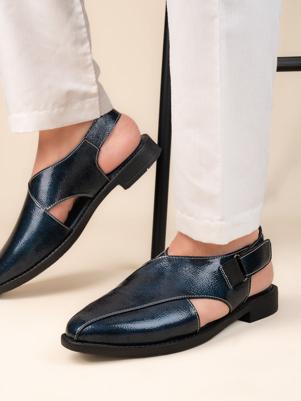 alberto torresi Alberto Torresi Blue Patent Crinkle Peshawari Sandal With Padded Insole