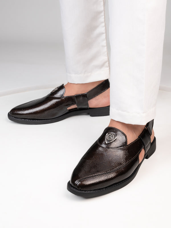 alberto torresi Alberto Torresi Brown Patent Crinkle Peshawari Sandal With Padded Insole