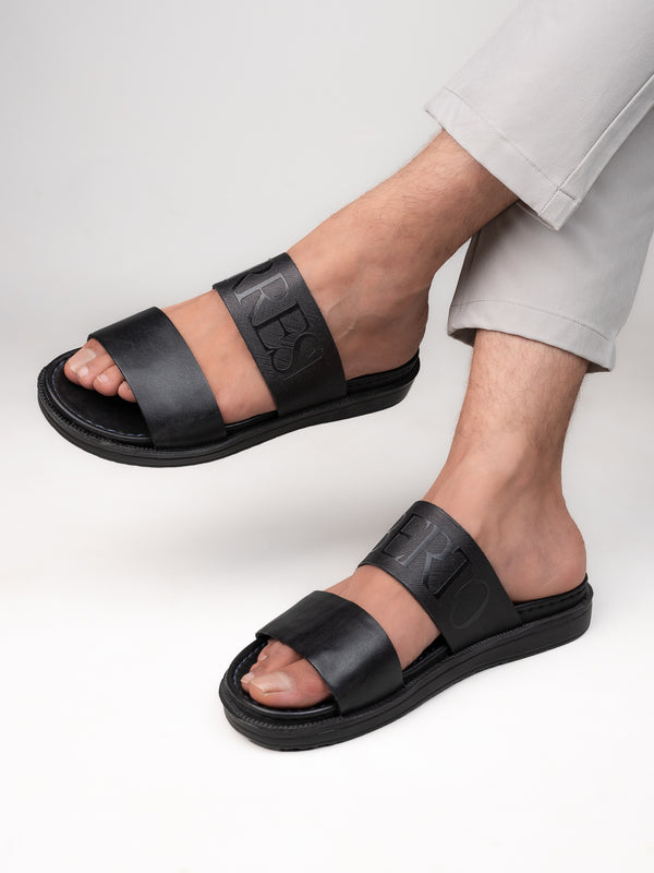 alberto torresi Alberto Torresi PVC Printed Branding Textured Black Leather Men Slippers