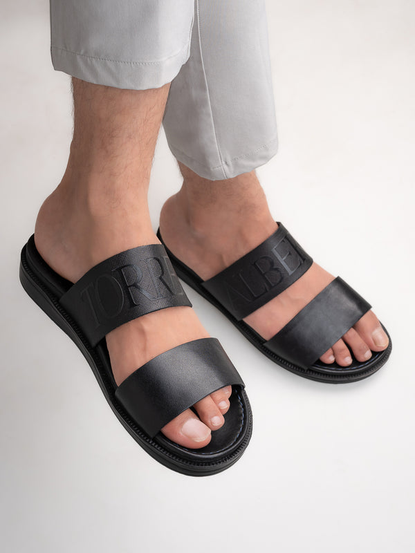 Alberto Torresi Alberto Torresi PVC Printed Branding Textured Black Leather Men Slippers