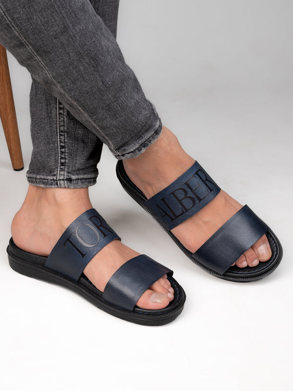 alberto torresi Alberto Torresi PVC Printed Branding Textured Blue Leather Men Slippers