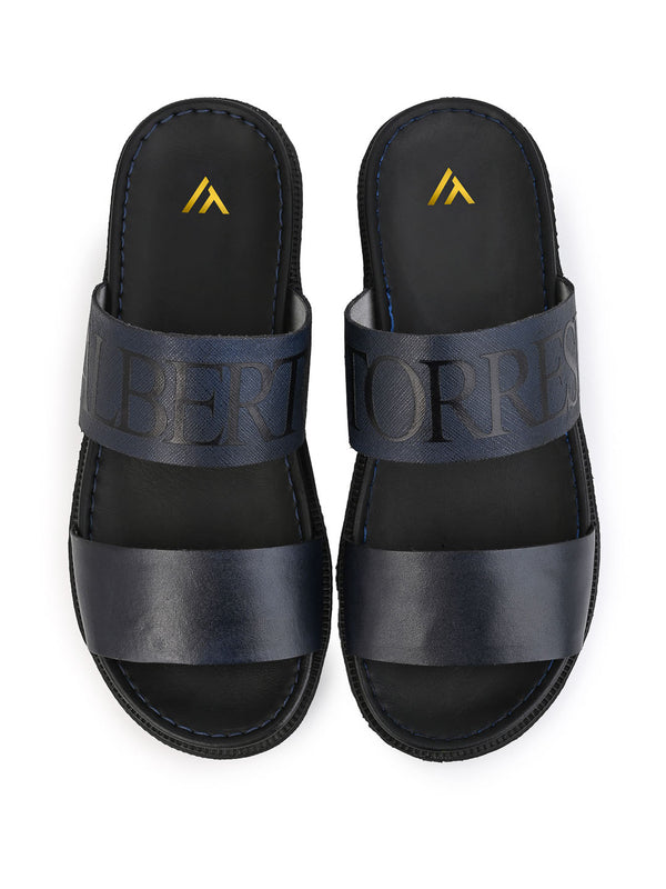 Alberto Torresi Alberto Torresi PVC Printed Branding Textured Blue Leather Men Slippers