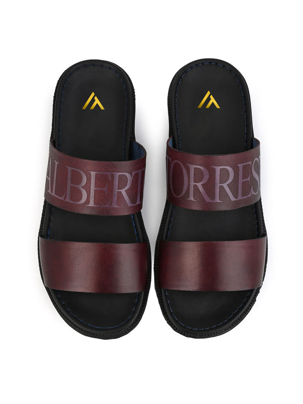 Alberto Torresi Alberto Torresi PVC Printed Branding Textured Bordo Leather Men Slippers