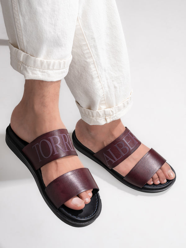 alberto torresi Alberto Torresi PVC Printed Branding Textured Bordo Leather Men Slippers