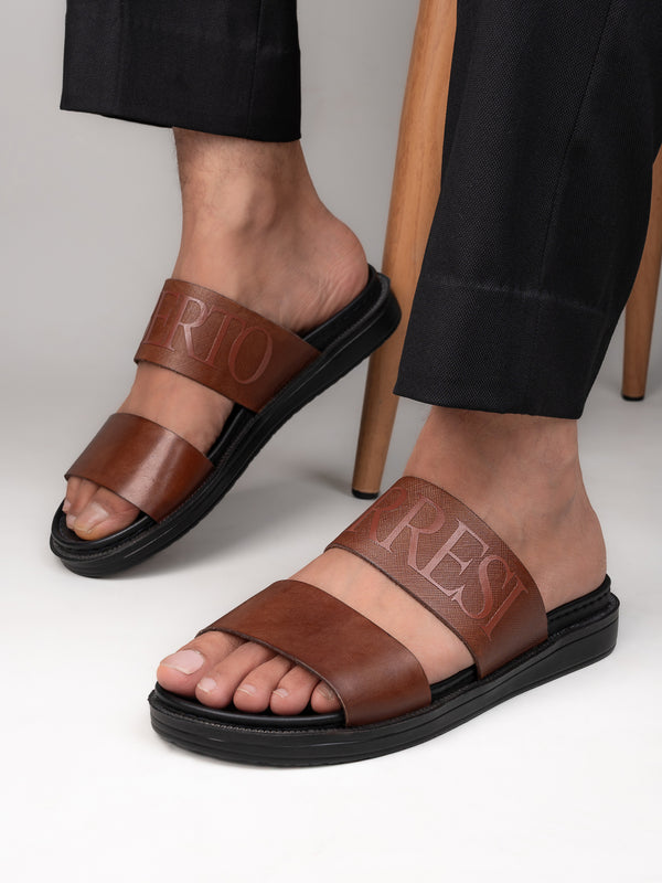 alberto torresi Alberto Torresi PVC Printed Branding Textured Tan Leather Men Slippers