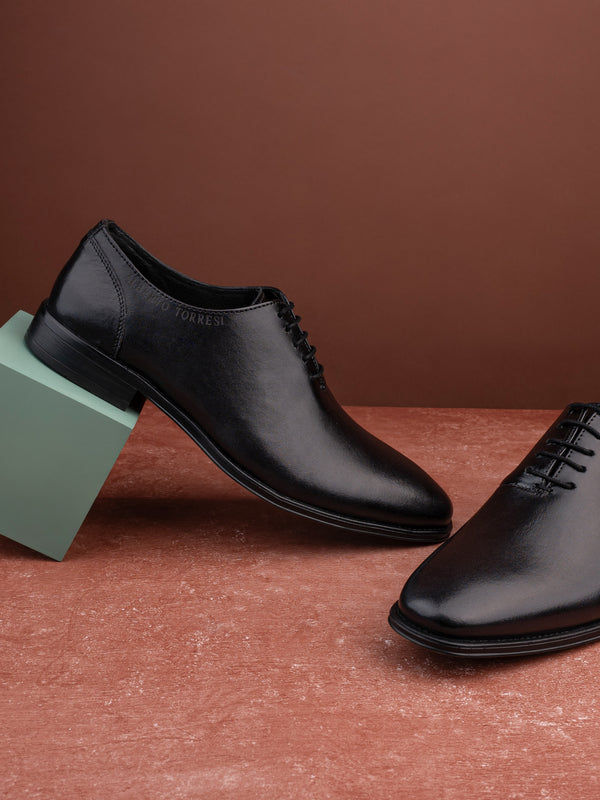 alberto torresi Black Leather Lace Up Shoes For Men