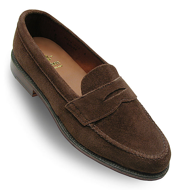alden 6245F Unlined Leisure Handsewn Penny Loafer LHS (Dark Brown Suede)