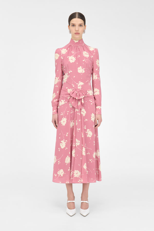 Alessandra Rich ROSE PRINT HIGH NECK DRESS