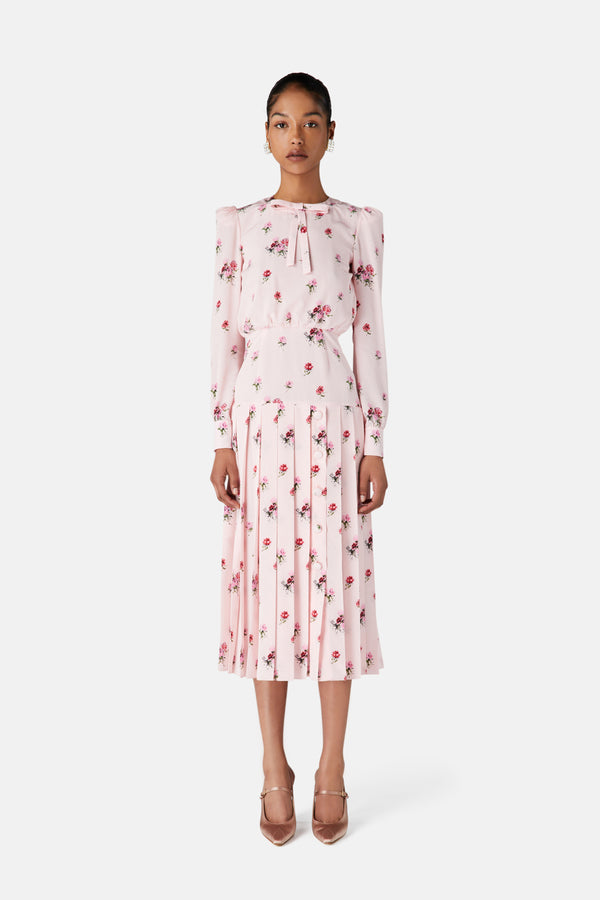 Alessandra Rich ROSE PRINT PLEATED DRESS
