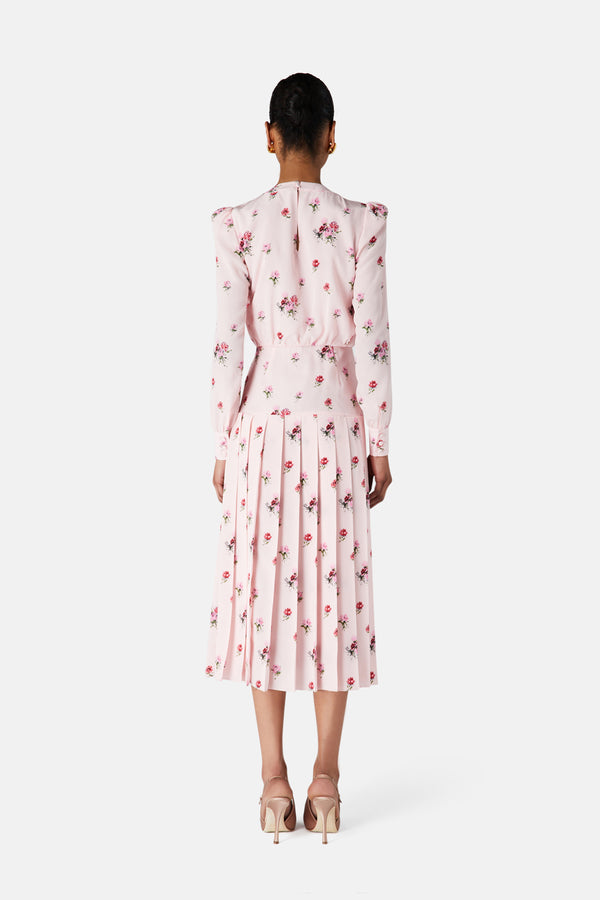 Alessandra Rich ROSE PRINT PLEATED DRESS