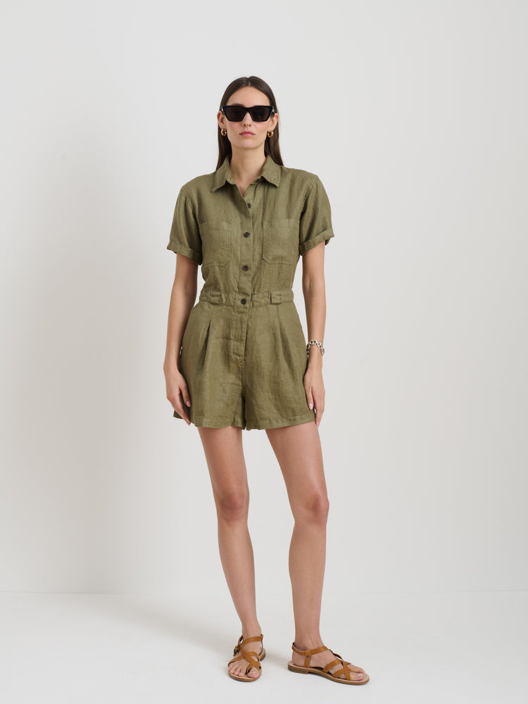 Alex Mill Cassi Romper In Linen Bay Leaf