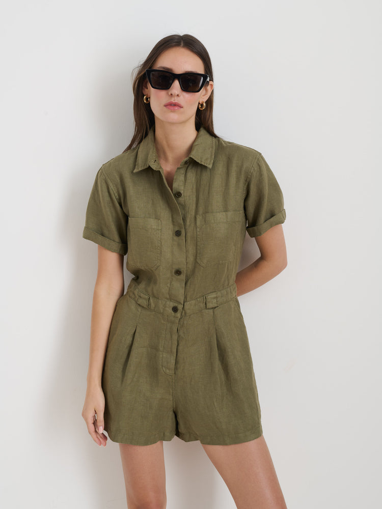 Alex Mill Cassi Romper In Linen Bay Leaf