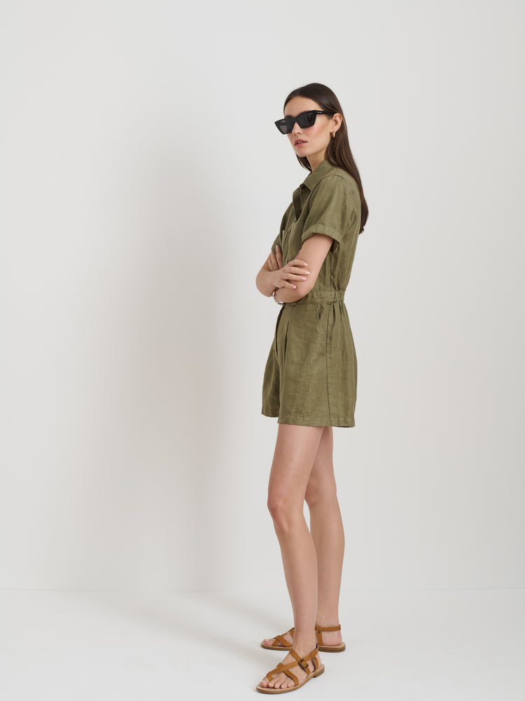 Alex Mill Cassi Romper In Linen Bay Leaf