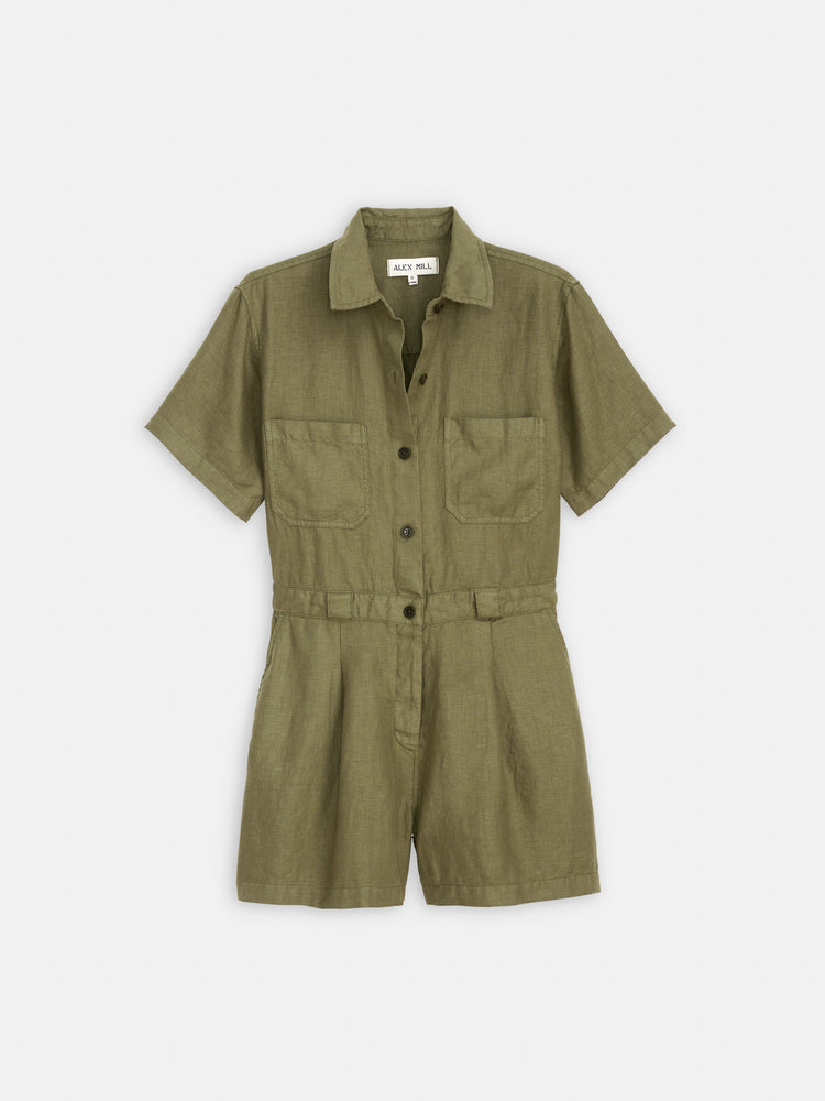 alex mill Cassi Romper In Linen Bay Leaf