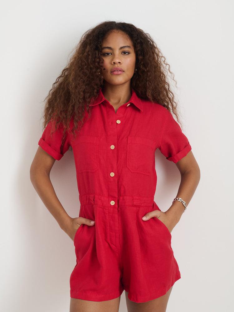 Alex Mill Cassi Romper In Linen Crimson