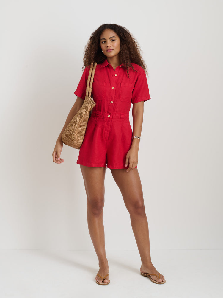 Alex Mill Cassi Romper In Linen Crimson