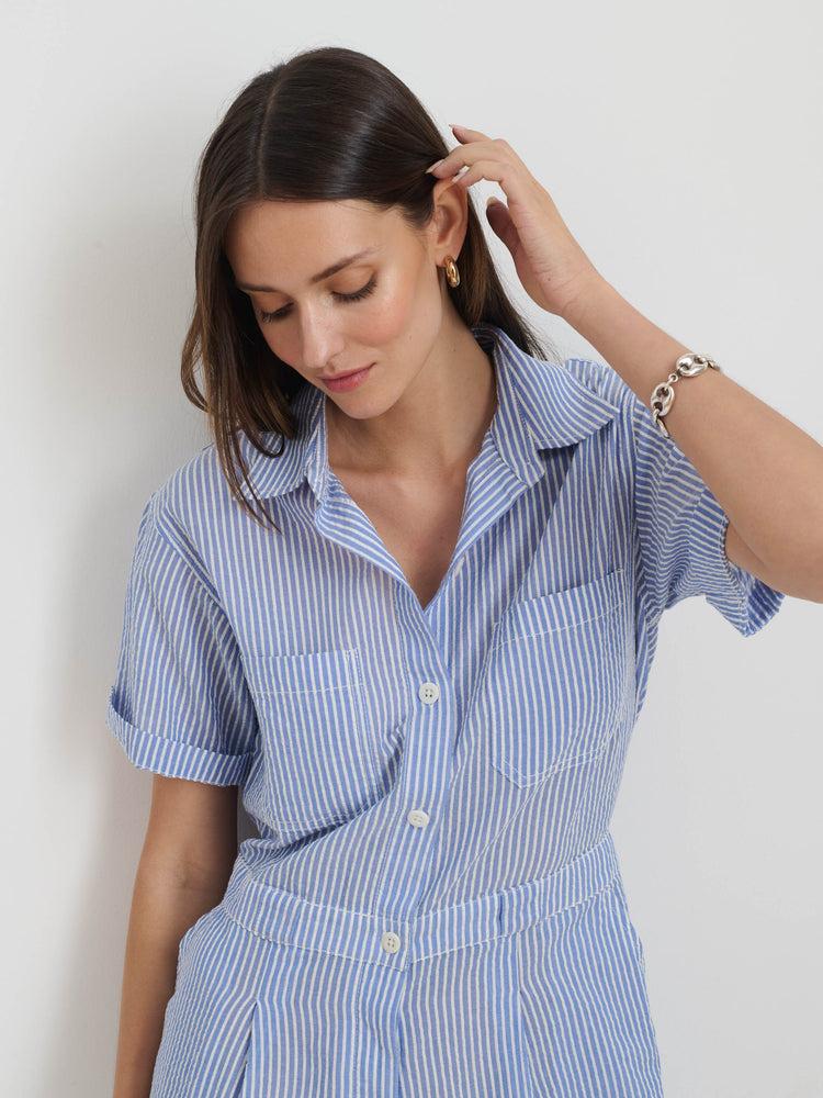 Alex Mill Cassi Romper In Seersucker Blue/White