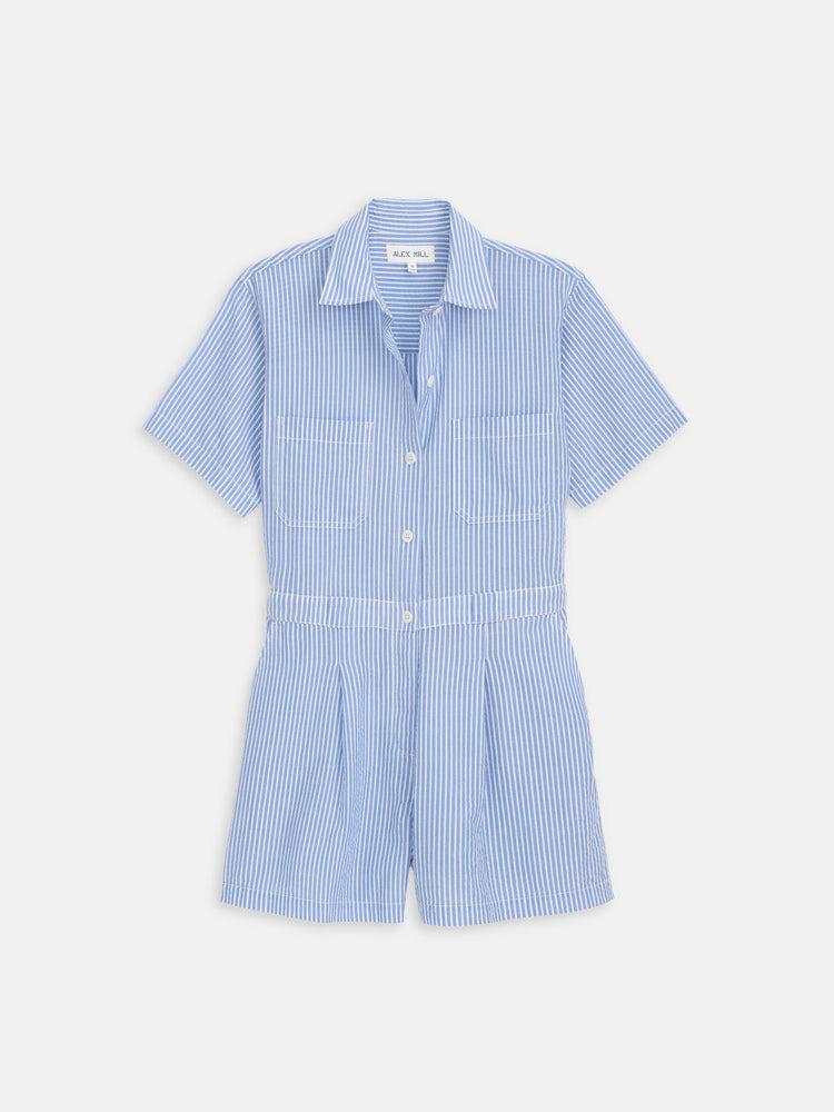 alex mill Cassi Romper In Seersucker Blue/White