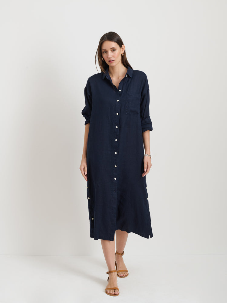 Alex Mill Kerry Shirtdress In Linen Dark Navy