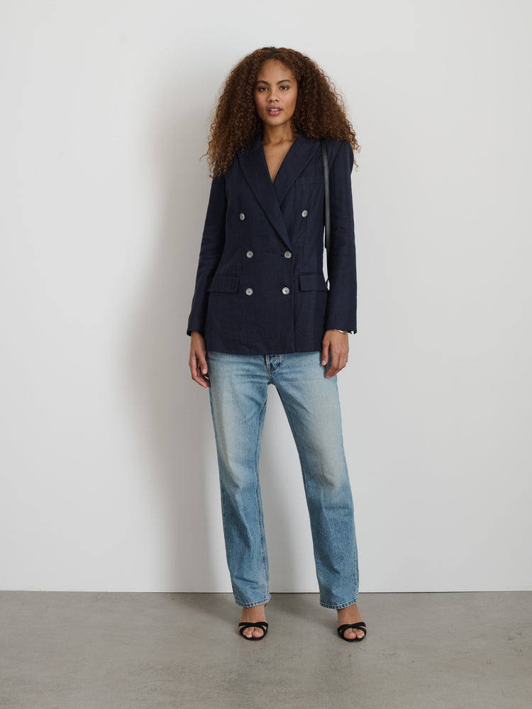 Alex Mill Anna Double Breasted Blazer In Linen Dark Navy