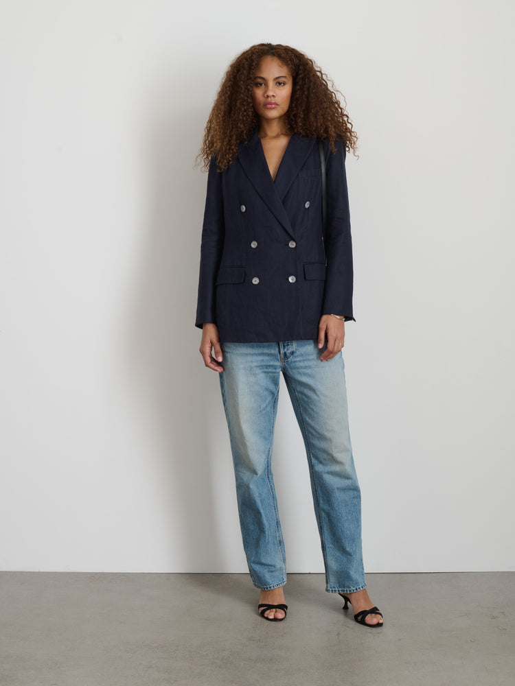 Alex Mill Anna Double Breasted Blazer In Linen Dark Navy