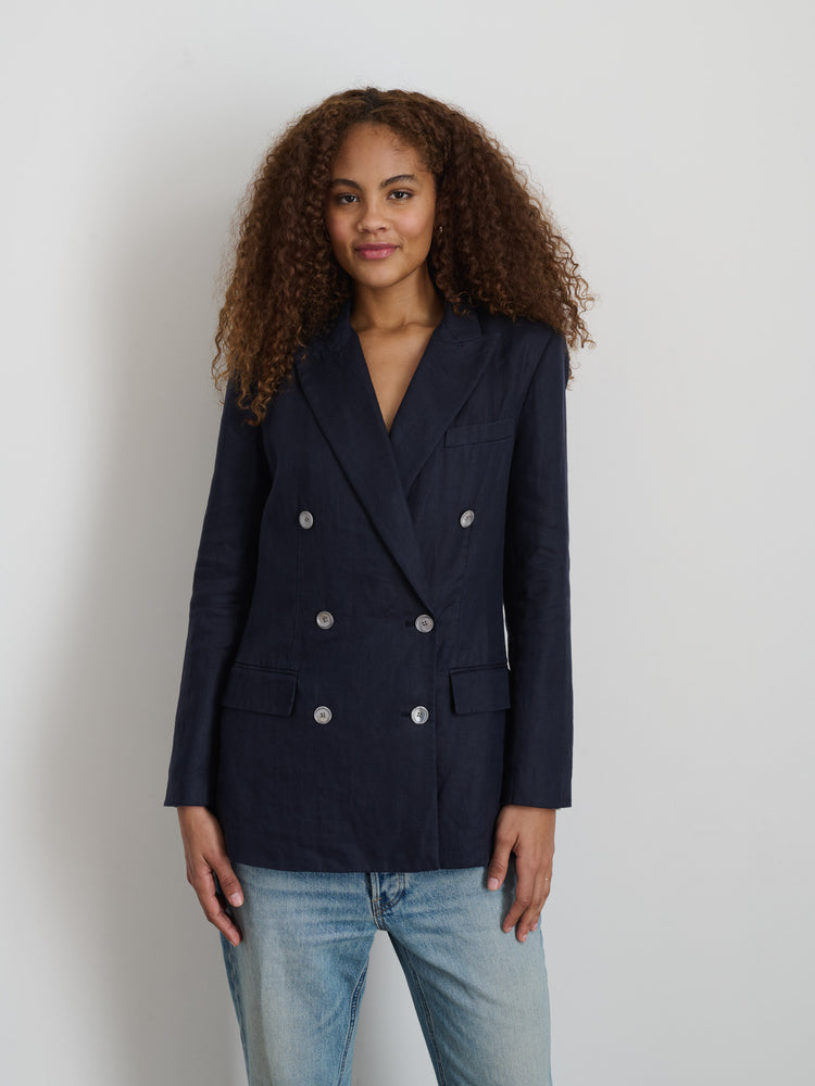 Alex Mill Anna Double Breasted Blazer In Linen Dark Navy