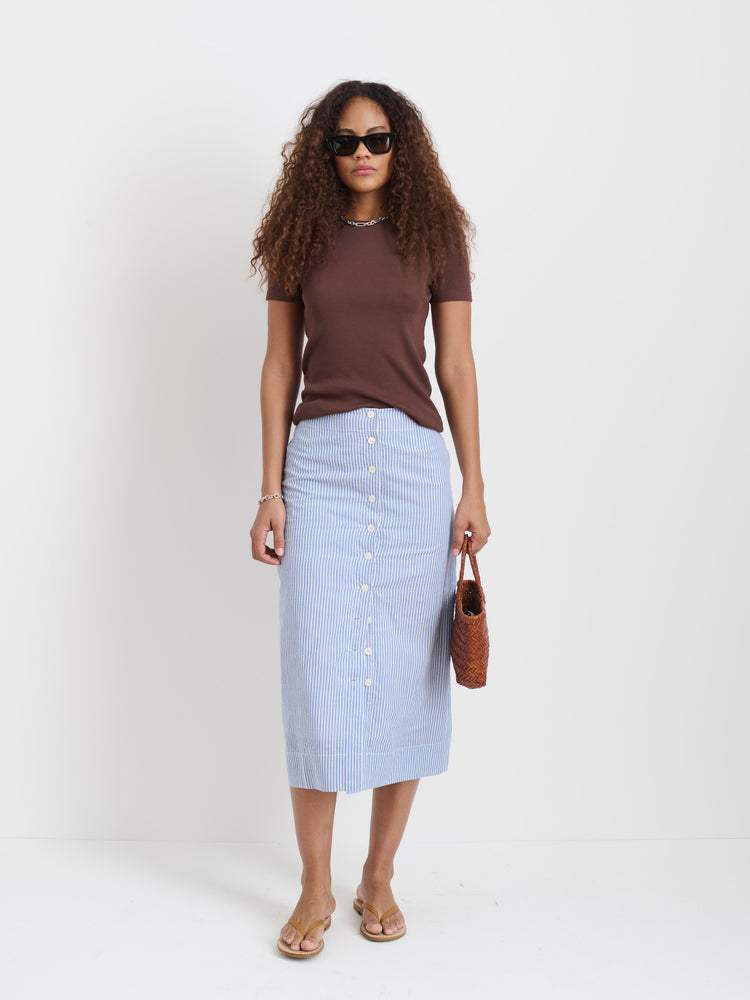 Alex Mill Button Front Skirt In Seersucker Blue/White