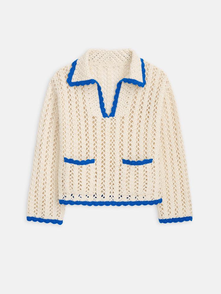alex mill Callie Hand Crochet Pullover In Cotton Ivory/Cobalt